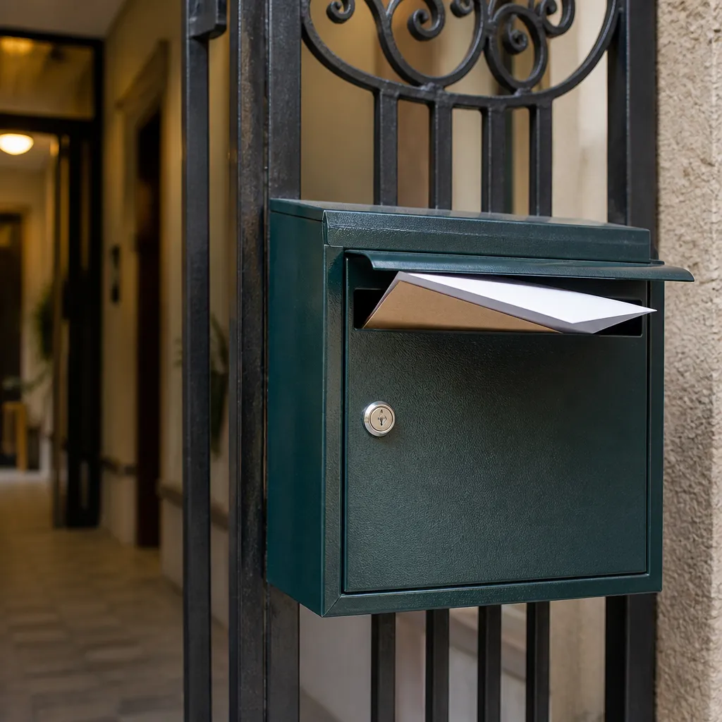 Boîte aux lettres individuelle en métal peint avec deux enveloppes dépassant de la fente