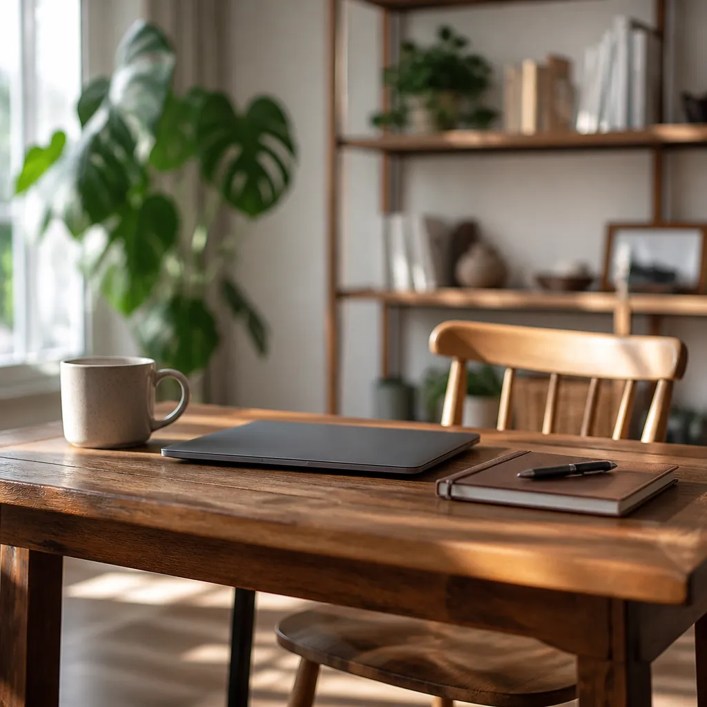Coin bureau installé dans une pièce d’habitation, ordinateur portable fermé et carnet