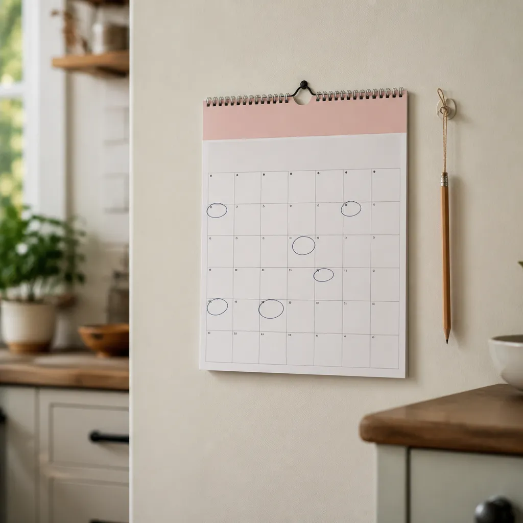 Calendrier mural papier accroché dans une cuisine, quelques cases entourées au stylo