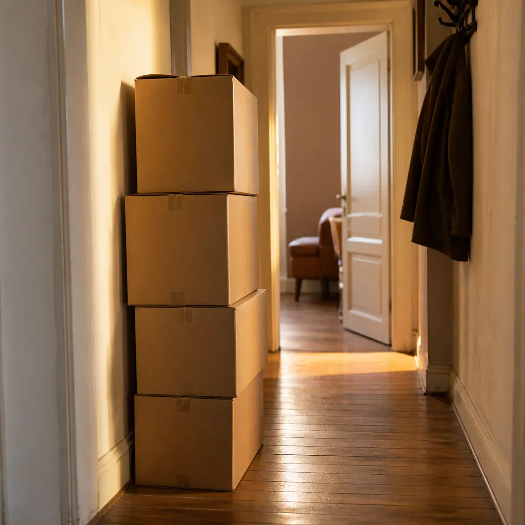 Quatre cartons de déménagement fermés empilés contre le mur d’un couloir d’appartement
