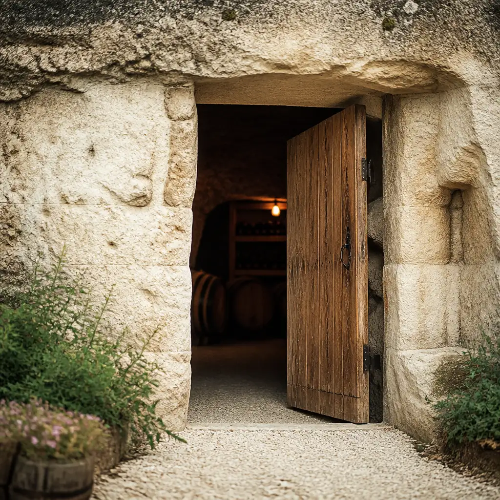 Entrée d’une cave viticole creusée dans le coteau de tuffeau, porte de bois entrouverte