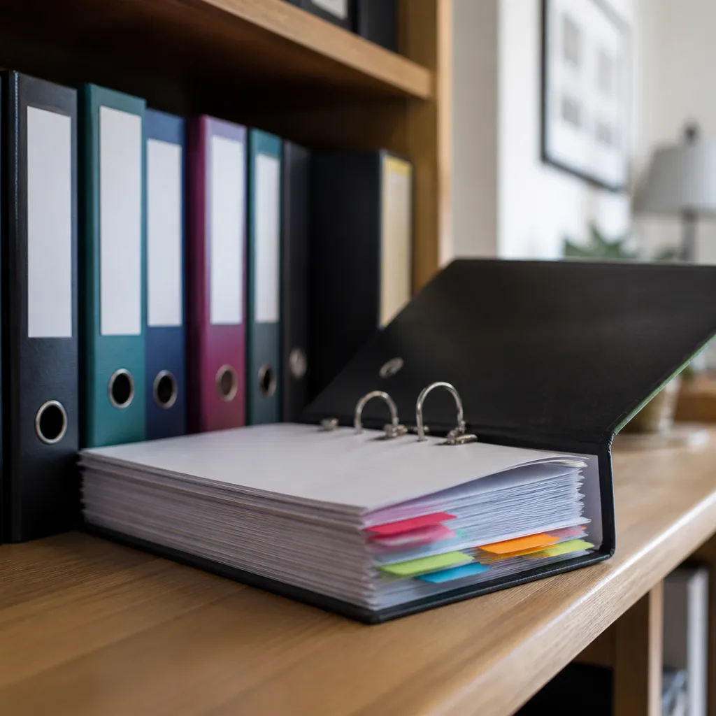 Classeur à levier ouvert sur une étagère, intercalaires de couleur dépassant des pages