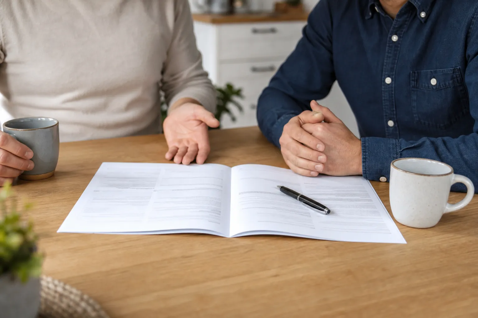 Contrat d’assurance ouvert à plat sur une table de cuisine, deux tasses et un stylo posés à côté