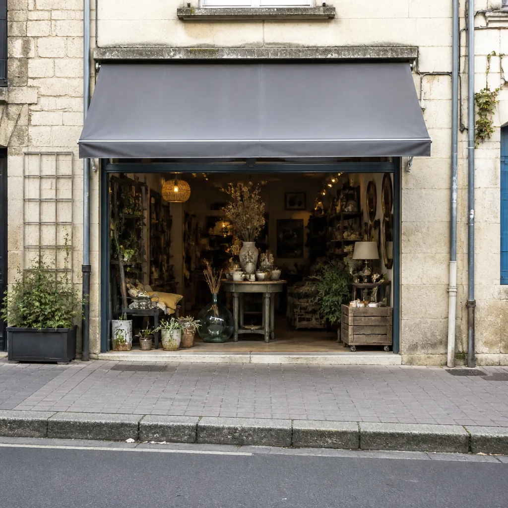 Devanture d’un commerce de bourg, rideau métallique relevé et store de toile déployé
