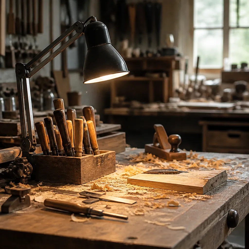 Établi d’artisan dans un petit atelier, outils à main rangés et lampe articulée allumée