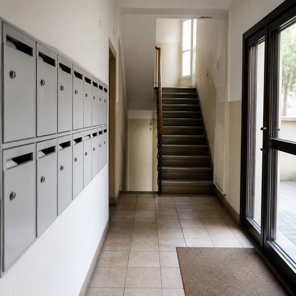 Hall d’un petit immeuble avec sa rangée de boîtes aux lettres en métal et son escalier au fond