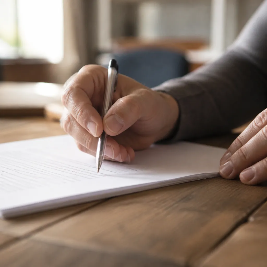 Main tenant un stylo au-dessus de la dernière page d’un document imprimé