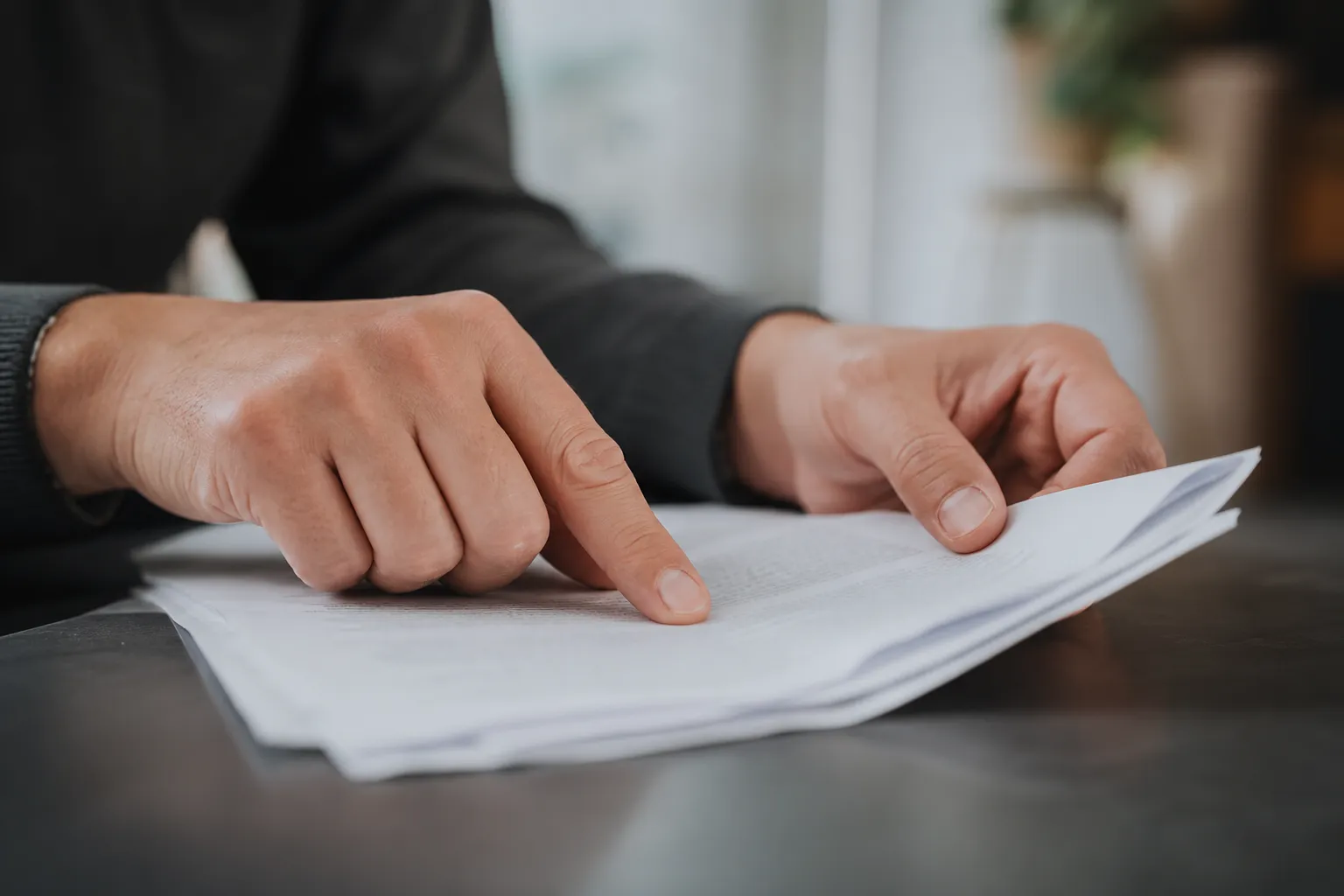 Deux mains au-dessus d’une liasse de conditions générales, un index suivant une ligne du texte