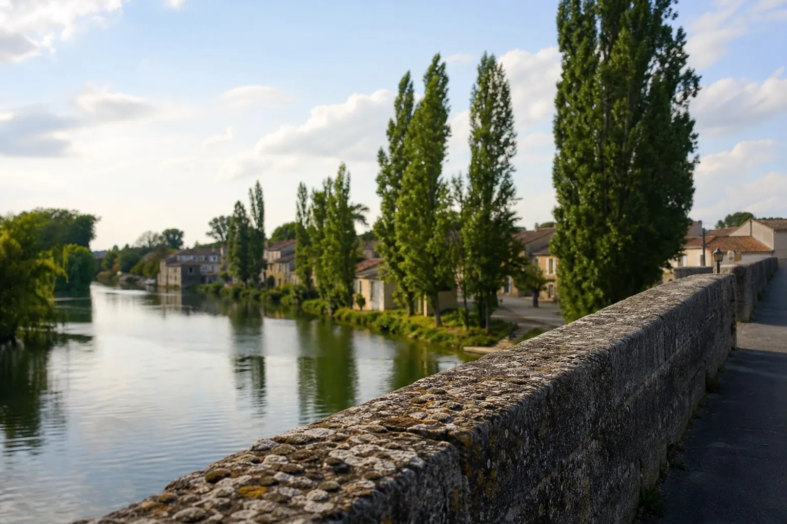 Pont de pierre franchissant une rivière calme bordée de peupliers, maisons basses sur l’autre rive