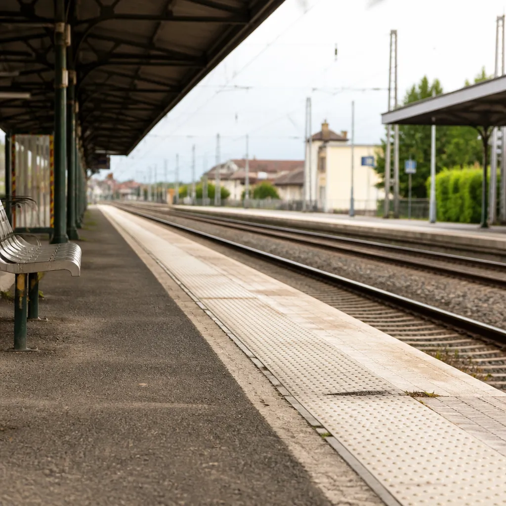 Quai de gare de province vide en milieu de journée, marquise métallique et bancs alignés