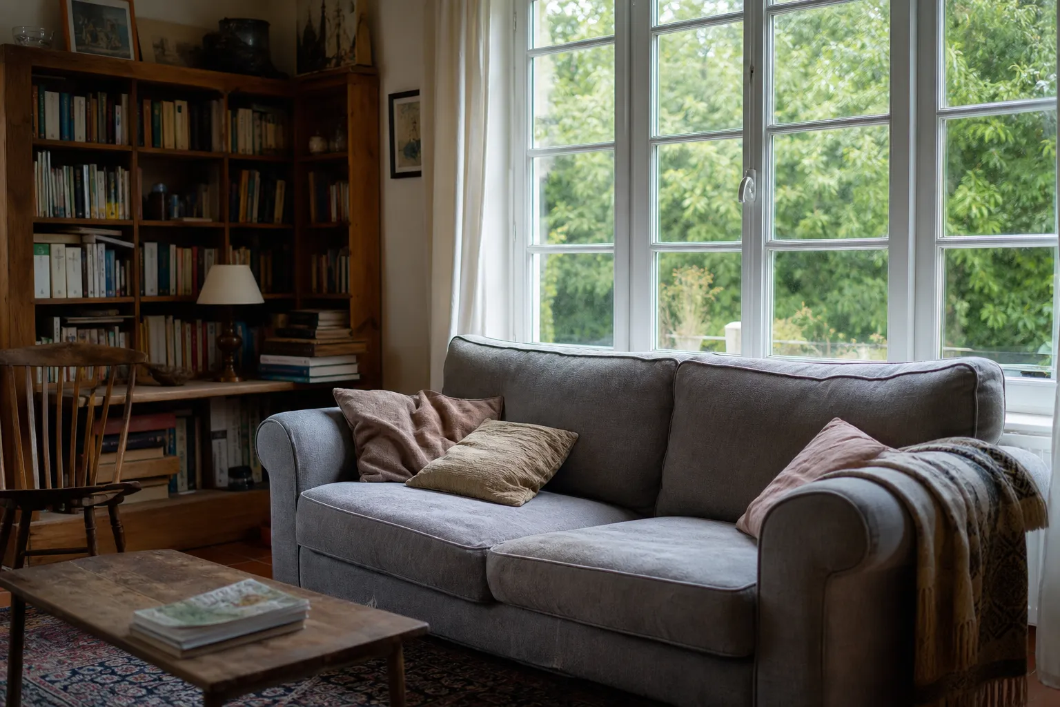 Séjour habité d’une maison, canapé en tissu usé, bibliothèque encombrée et fenêtre à petits carreaux