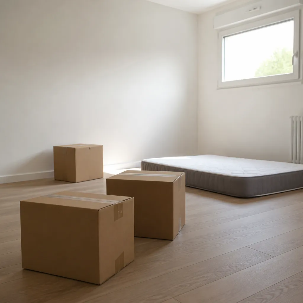 Petit studio en cours d’emménagement, cartons au sol et fenêtre haute laissant entrer la lumière