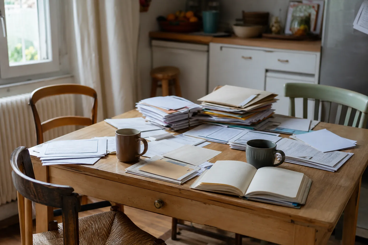 Table de cuisine familiale couverte de papiers administratifs triés en petites piles