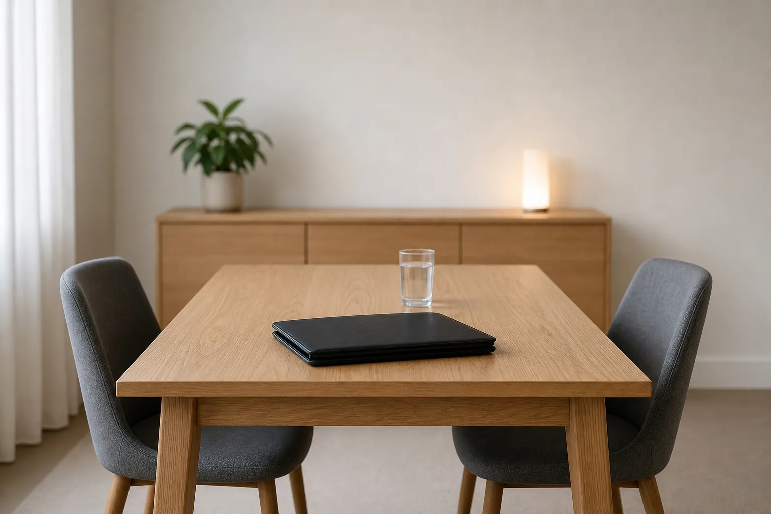 Table de rendez-vous en bois avec deux chaises vides, un dossier fermé et un verre d’eau