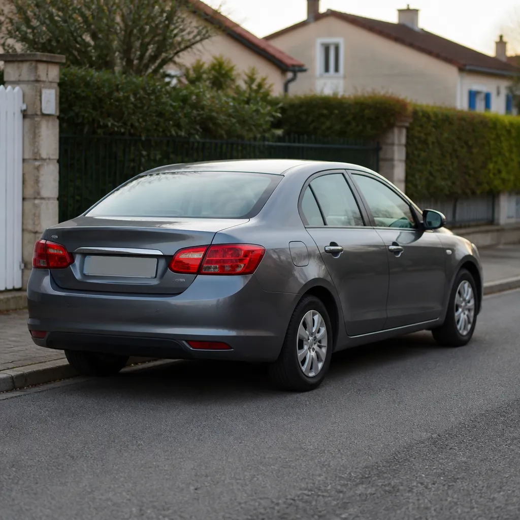 Berline familiale intacte garée le long d’un trottoir dans une rue bordée de haies